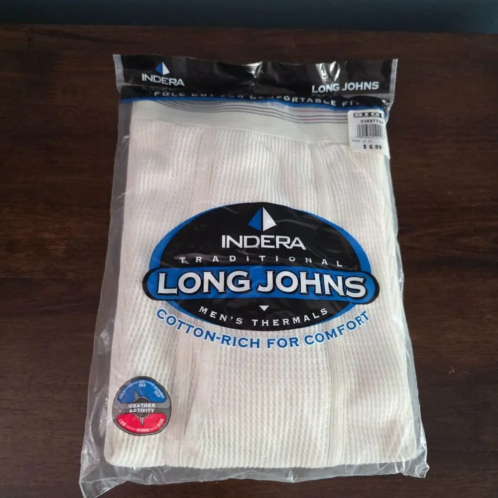 NIP Indera Men's Traditional Long John Thermal Pants White L Cotton/Poly Blend